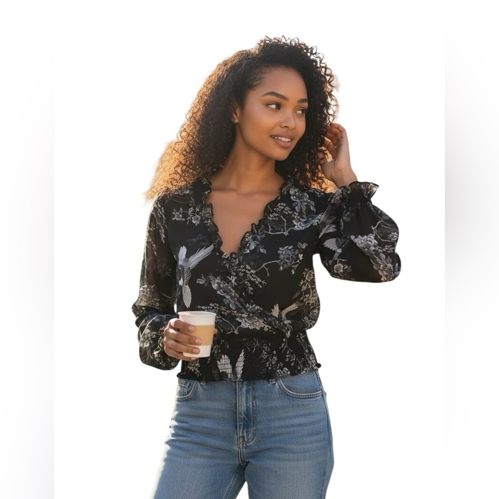 NWT’s Joie floral oriental design corp core business casual faux wrap shirt